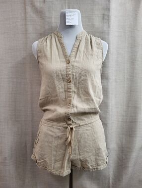 Old Navy Women's Tan Linen Blend Romper Jumpsuit Boho Cottagecore Comfy Size XS